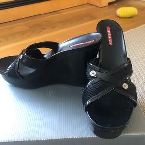 PRADA LIKE NEW BLACK CROSS STRAP WEDGES SIZE 37